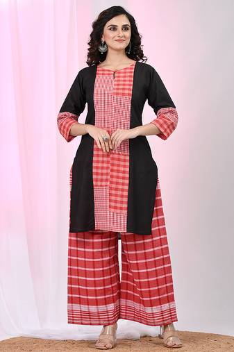 Women's black & red cotton checkered kurta set with palazzos