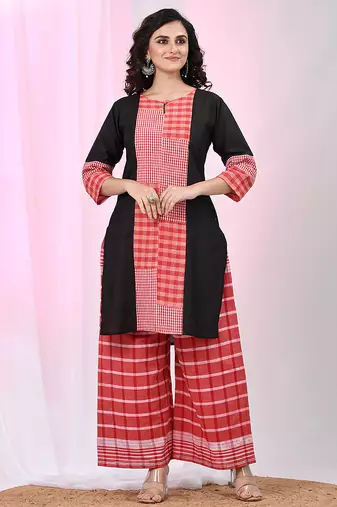 Women's black & red cotton checkered kurta set with palazzos