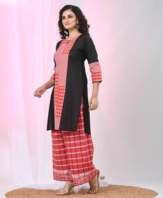 Women's black & red cotton checkered kurta set with palazzos 2