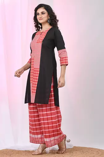 Women's black & red cotton checkered kurta set with palazzos