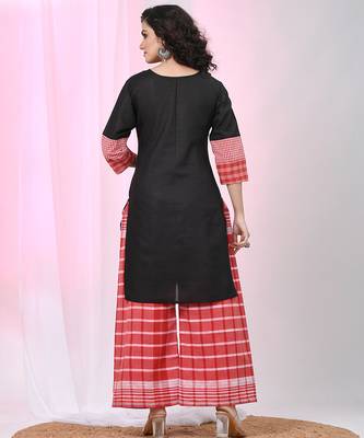 Women's black & red cotton checkered kurta set with palazzos 3