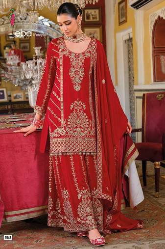 RED CHINON EMBROIDERY PARTY WEAR SUIT SET 