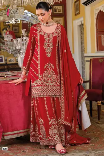 RED CHINON EMBROIDERY PARTY WEAR SUIT SET 
