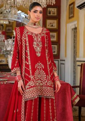 RED CHINON EMBROIDERY PARTY WEAR SUIT SET  1