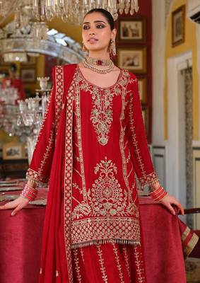 RED CHINON EMBROIDERY PARTY WEAR SUIT SET  2