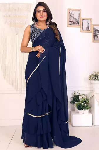 navy  georgette ready to wear ruffle style saree with sequin embroidery blouse piece