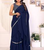 ready to wear navy  georgette ruffle style saree with sequin embroidery blouse piece