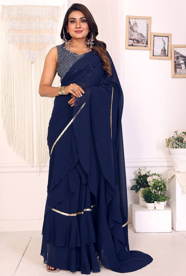 navy  georgette ready to wear ruffle style saree with sequin embroidery blouse piece