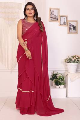 ready to wear rani georgette ruffle style saree with sequin embroidery blouse piece 1