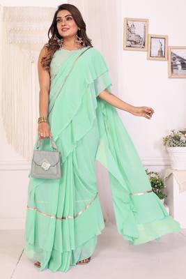 ready to wear sea green georgette ruffle style saree with sequin embroidery blouse piece 1