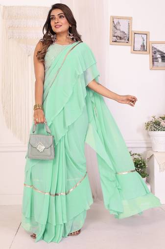 sea green georgette ready to wear ruffle style saree with sequin embroidery blouse piece