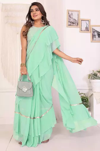 sea green georgette ready to wear ruffle style saree with sequin embroidery blouse piece