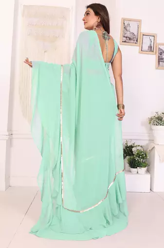ready to wear sea green georgette ruffle style saree with sequin embroidery blouse piece