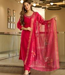 Women's Beautiful Viscose Embroidery work Straight Kurta with Pant and Dupatta Set