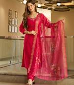 Women's Beautiful Viscose Embroidery work Straight Kurta with Pant and Dupatta Set