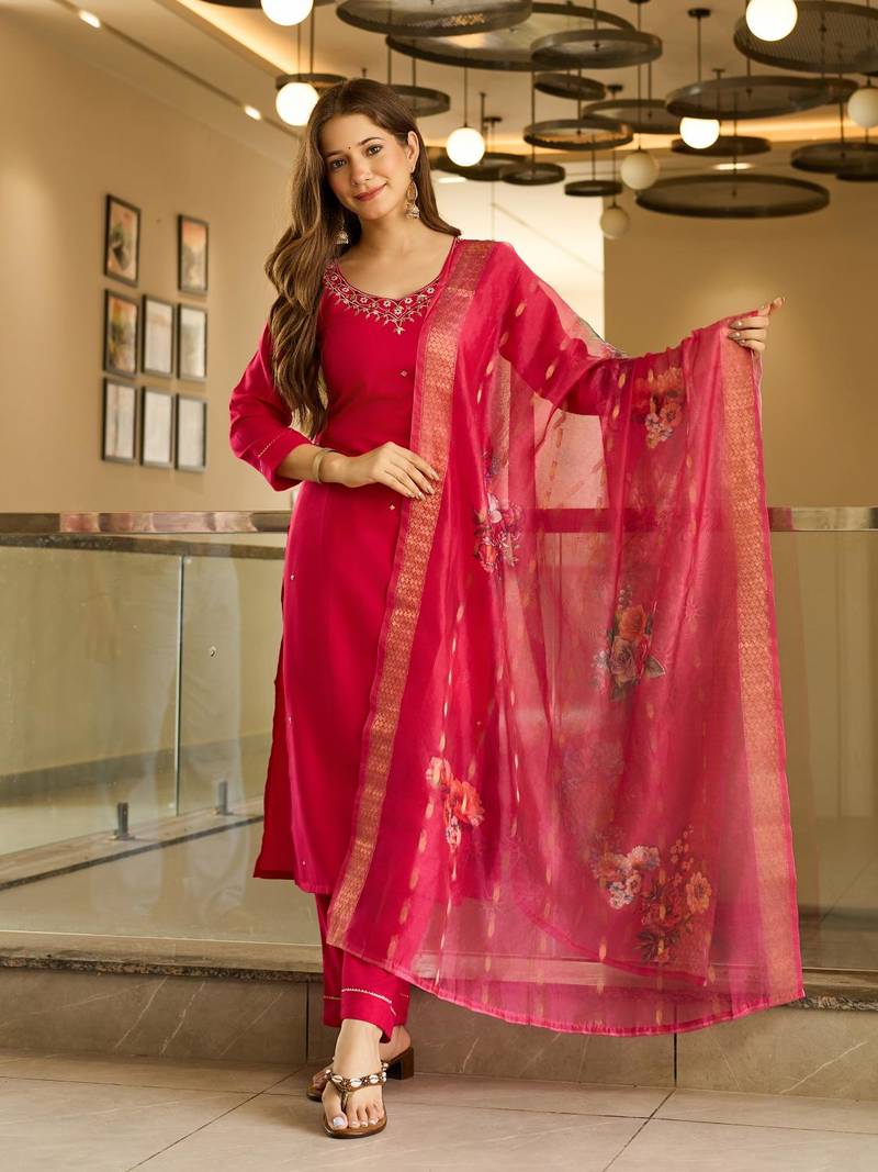 Women's Beautiful Viscose Embroidery work Straight Kurta with Pant and Dupatta Set