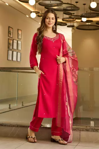 Women's Beautiful Viscose Embroidery work Straight Kurta with Pant and Dupatta Set