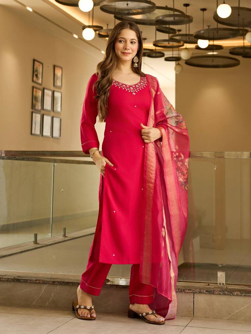 Women's Beautiful Viscose Embroidery work Straight Kurta with Pant and Dupatta Set