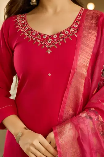 Women's Beautiful Viscose Embroidery work Straight Kurta with Pant and Dupatta Set
