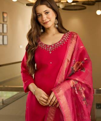 Women's Beautiful Viscose Embroidery work Straight Kurta with Pant and Dupatta Set 5