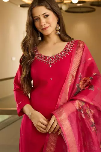 Women's Beautiful Viscose Embroidery work Straight Kurta with Pant and Dupatta Set