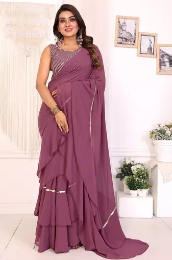 wine georgette ready to wear ruffle style saree with sequin embroidery blouse piece