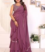 ready to wear wine georgette ruffle style saree with sequin embroidery blouse piece