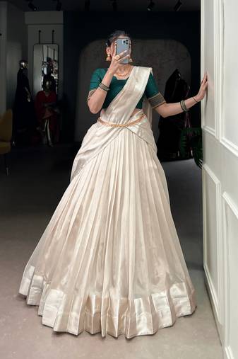 Ivory Poly Tassar Silk  Zari Border South Indian Style Lehenga choli