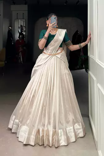 Ivory Poly Tassar Silk  Zari Border South Indian Style Lehenga choli
