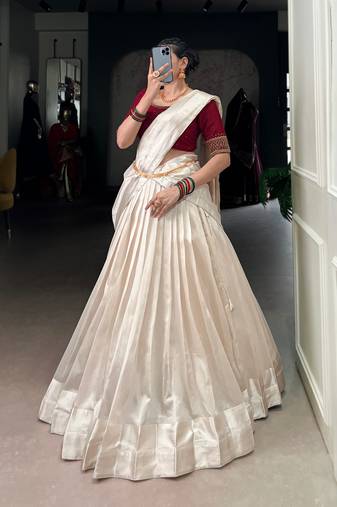 Ivory Poly Tassar Silk  Zari Border South Indian Style Lehenga choli