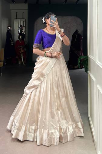 Ivory Poly Tassar Silk  Zari Border South Indian Style Lehenga choli
