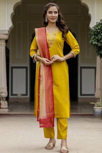 Women's Beautiful Rayon Embroidery work Straight Kurta with Pant and Dupatta Set
