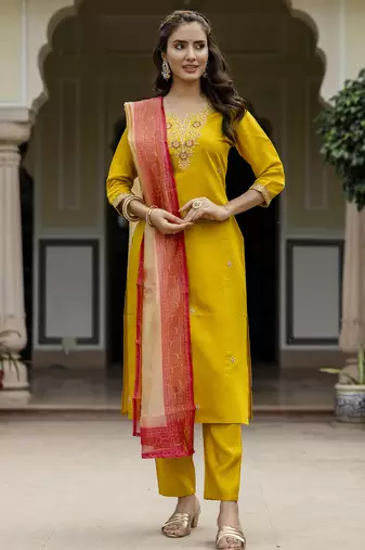 Women's Beautiful Rayon Embroidery work Straight Kurta with Pant and Dupatta Set