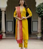 Women's Beautiful Rayon Embroidery work Straight Kurta with Pant and Dupatta Set