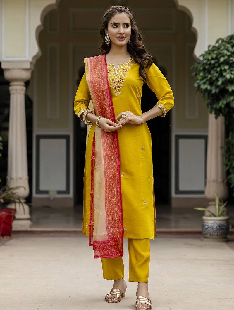 Women's Beautiful Rayon Embroidery work Straight Kurta with Pant and Dupatta Set