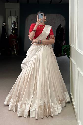 Ivory Poly Tassar Silk  Zari Border South Indian Style Lehenga choli
