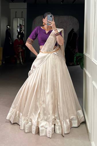Ivory Poly Tassar Silk  Zari Border South Indian Style Lehenga choli