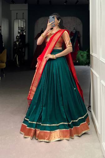 GREEN Vichitra Silk Paithani Zari Weaving South Indian Style Lehenga choli