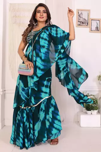 teal blue shibori printed ruffled stitched ready to wear saree with sequin unstitched blouse