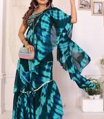 ready to wear teal blue shibori printed ruffled stitched saree with sequin unstitched blouse