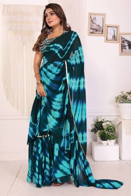 ready to wear teal blue shibori printed ruffled stitched saree with sequin unstitched blouse 2