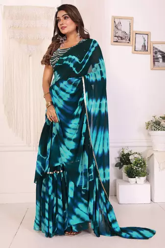 ready to wear teal blue shibori printed ruffled stitched saree with sequin unstitched blouse