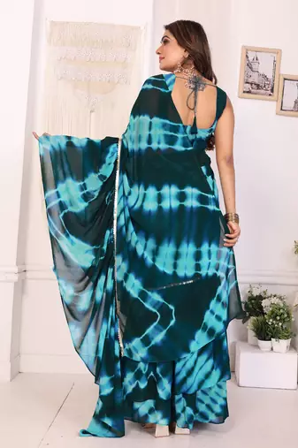 ready to wear teal blue shibori printed ruffled stitched saree with sequin unstitched blouse