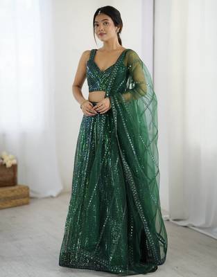 Bottle Green Net Rainbow Sequin Dori Work Lehenga Choli 1