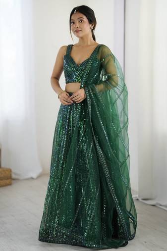 Bottle Green Net Rainbow Sequin Dori Work Lehenga Choli