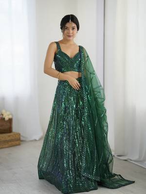 Bottle Green Net Rainbow Sequin Dori Work Lehenga Choli 3