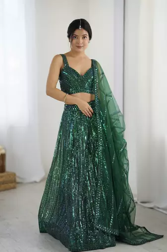 Bottle Green Net Rainbow Sequin Dori Work Lehenga Choli