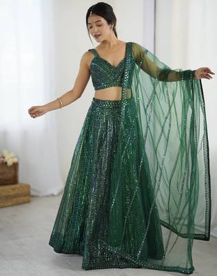 Bottle Green Net Rainbow Sequin Dori Work Lehenga Choli 4