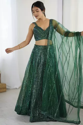 Bottle Green Net Rainbow Sequin Dori Work Lehenga Choli