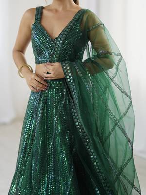 Bottle Green Net Rainbow Sequin Dori Work Lehenga Choli 5